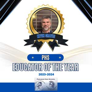 Certificate looking photo with picture of Kevin Graves and PHS Educator of the Year 2023-2024