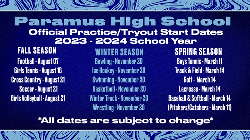 Paramus High School Official Practice/Tryout Start Dates 2022-2023 School Year flyer